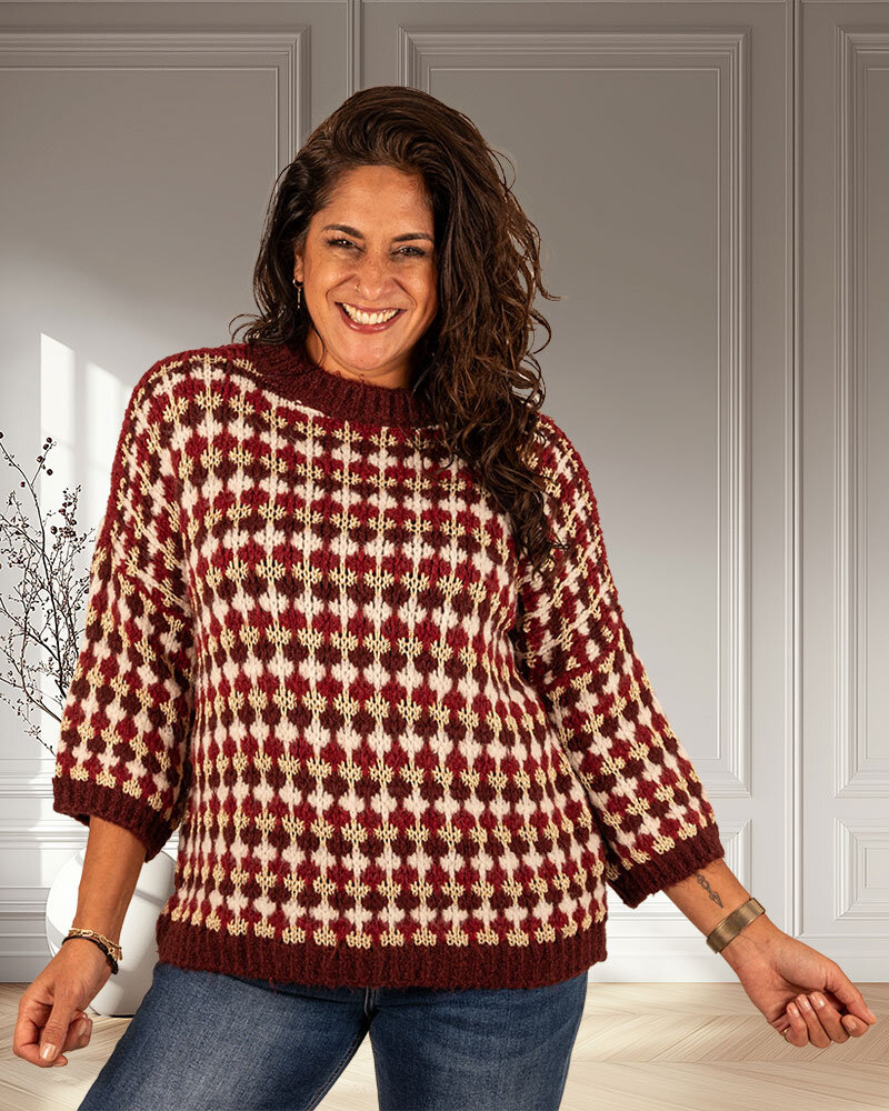 Bordeaux/ecru/goud gebreide trui van El-Vita