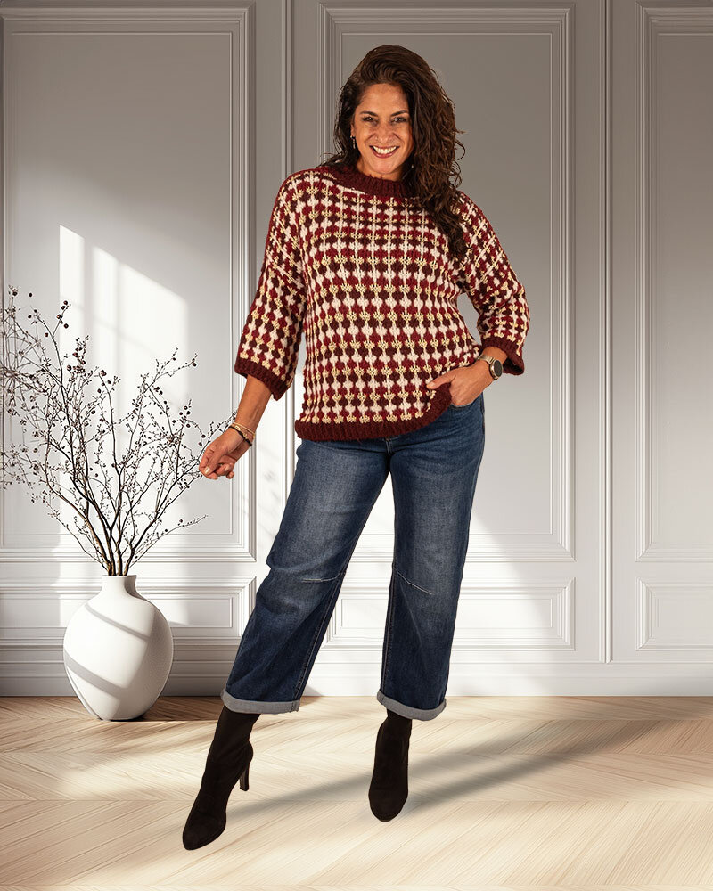 Bordeaux/ecru/goud gebreide trui van El-Vita