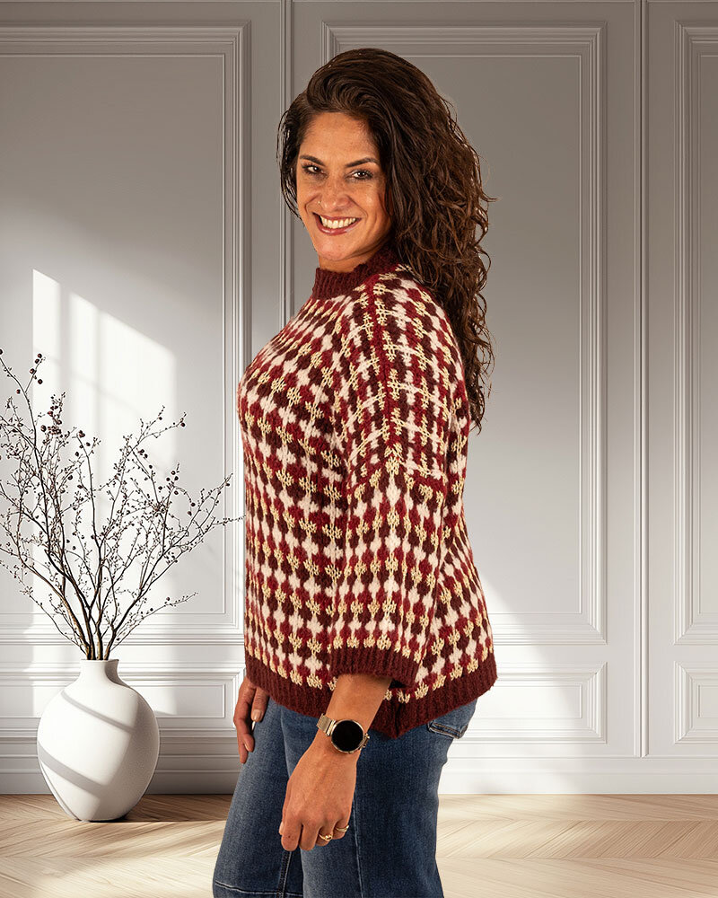 Bordeaux/ecru/goud gebreide trui van El-Vita