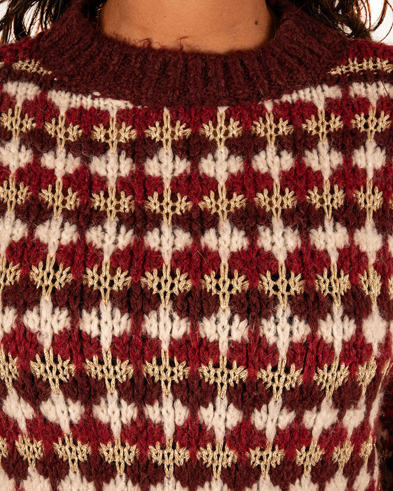 Bordeaux/ecru/goud gebreide trui van El-Vita