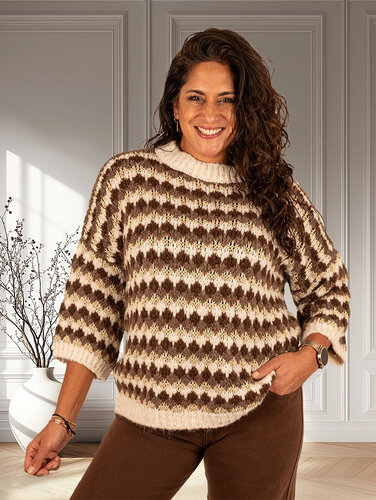 El-Vita Bruin/ecru/goud gebreide trui