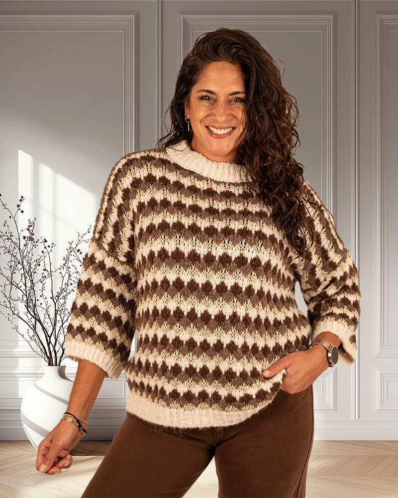Bruin/ecru/goud gebreide trui van El-Vita
