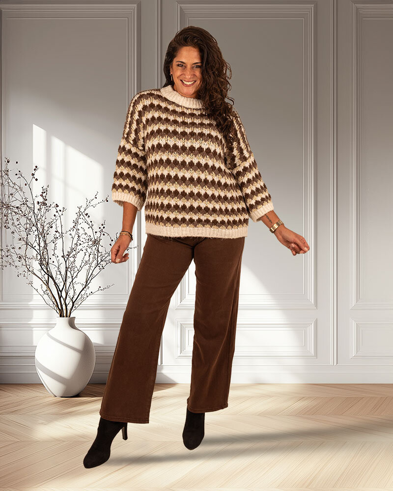 Bruin/ecru/goud gebreide trui van El-Vita