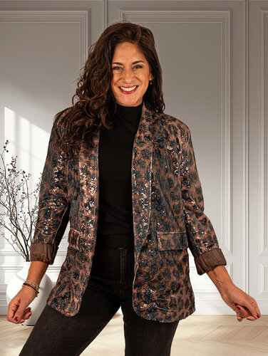 El-Vita Bruin/zwarte blazer met pailletten