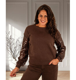 El-Vita Bruine gebreide trui paillettenmouw