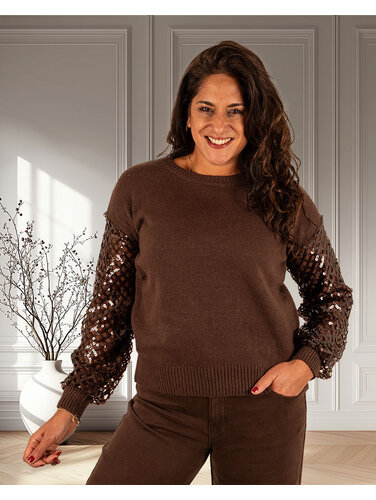 El-Vita Bruine gebreide trui paillettenmouw