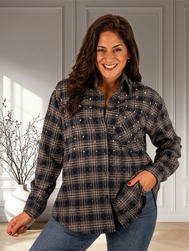 Blauw geruite blouse dubbel strass