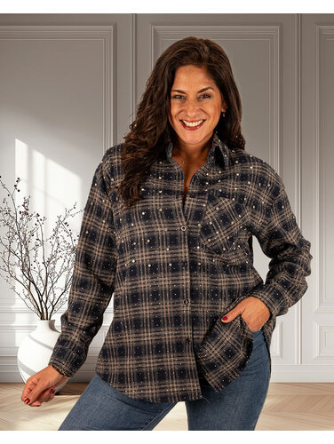 Blauw geruite blouse dubbel strass