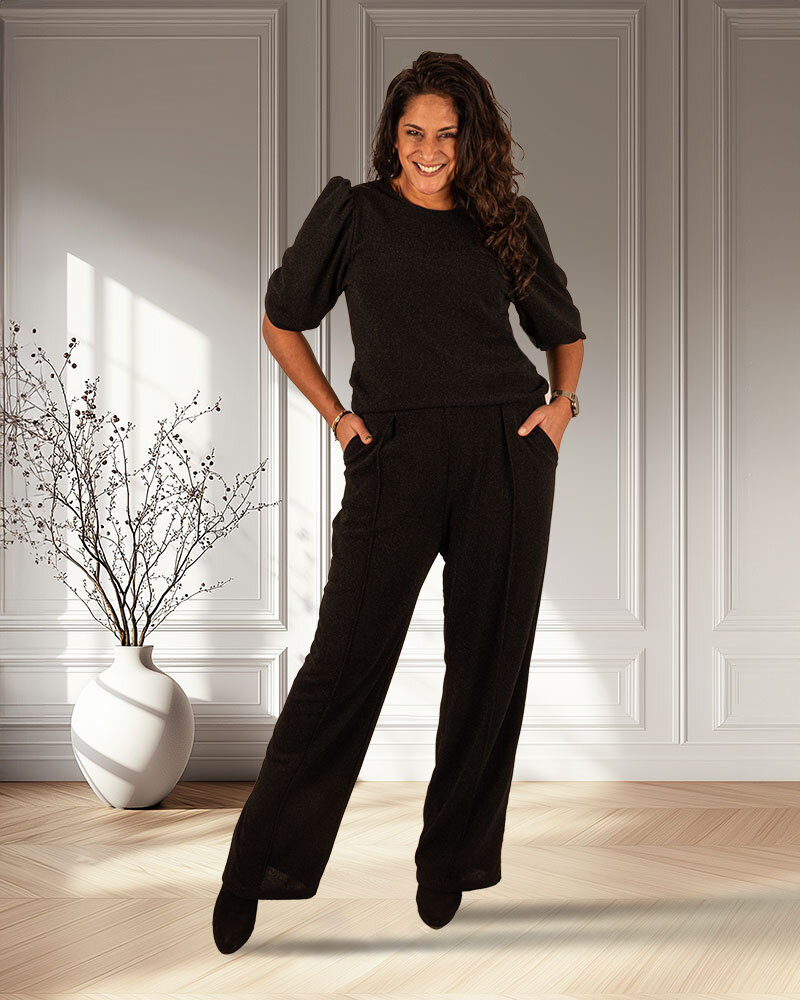 Zwarte glitter top met 3/4 mouw van Perla Nera