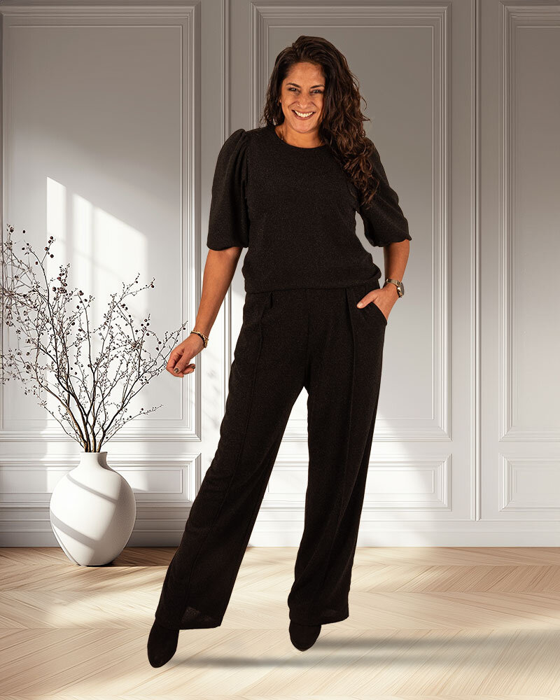 Zwarte glitter top met 3/4 mouw van Perla Nera
