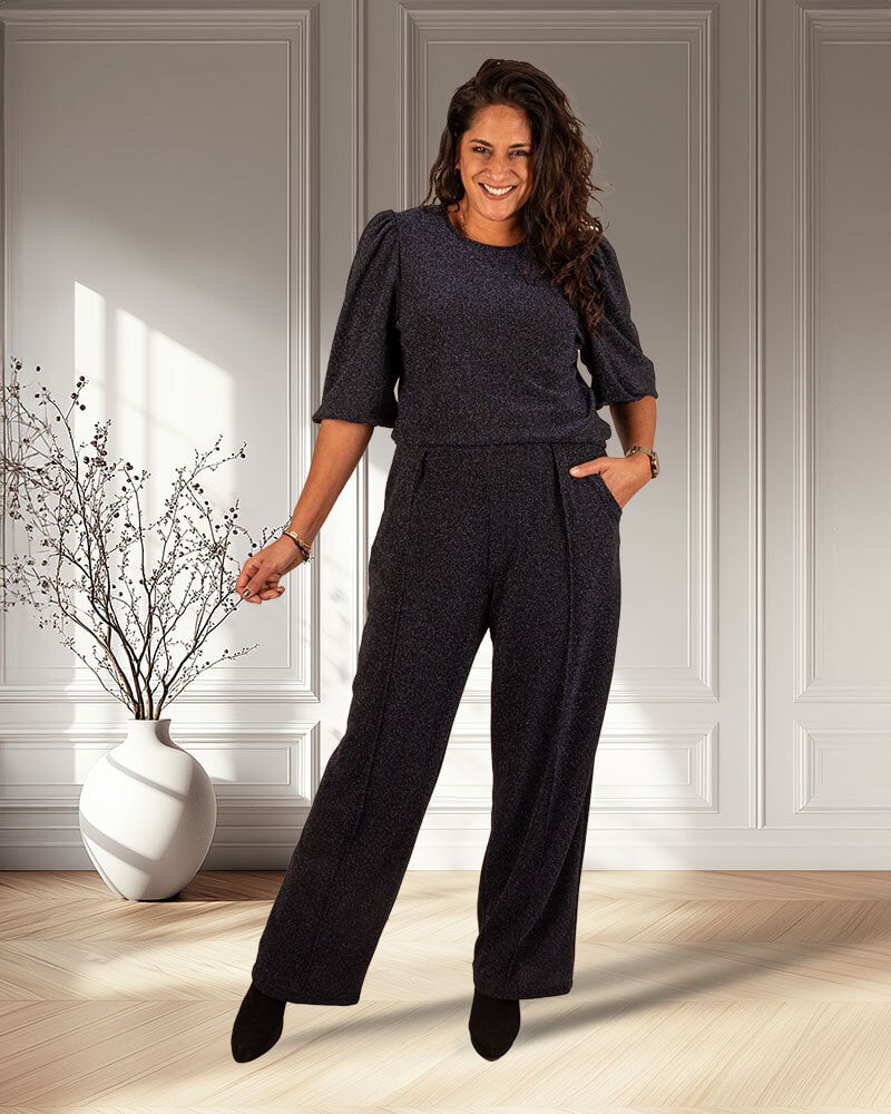 Donkerblauwe glitter top met 3/4 mouw van Perla Nera