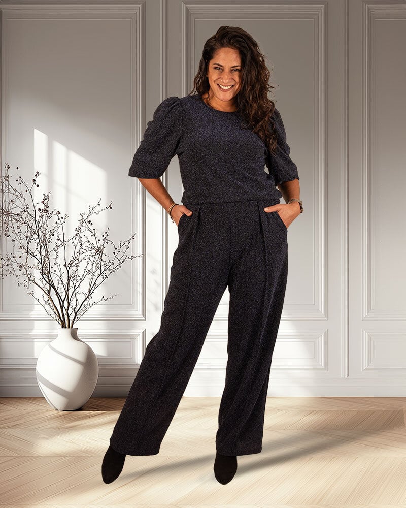 Donkerblauwe glitter top met 3/4 mouw van Perla Nera