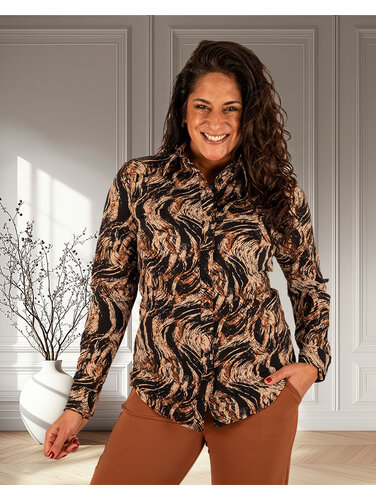 Mi  Piace Caramel swirly print travelstof blouse van Mi Piace