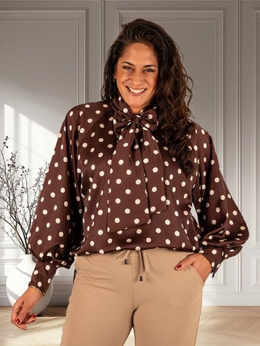 Made in Italy Donkerbruine blouse dots strikkraag