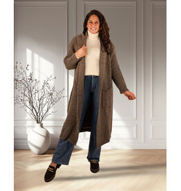 Bruingrijs lang vest met capuchon van Dins Tricot