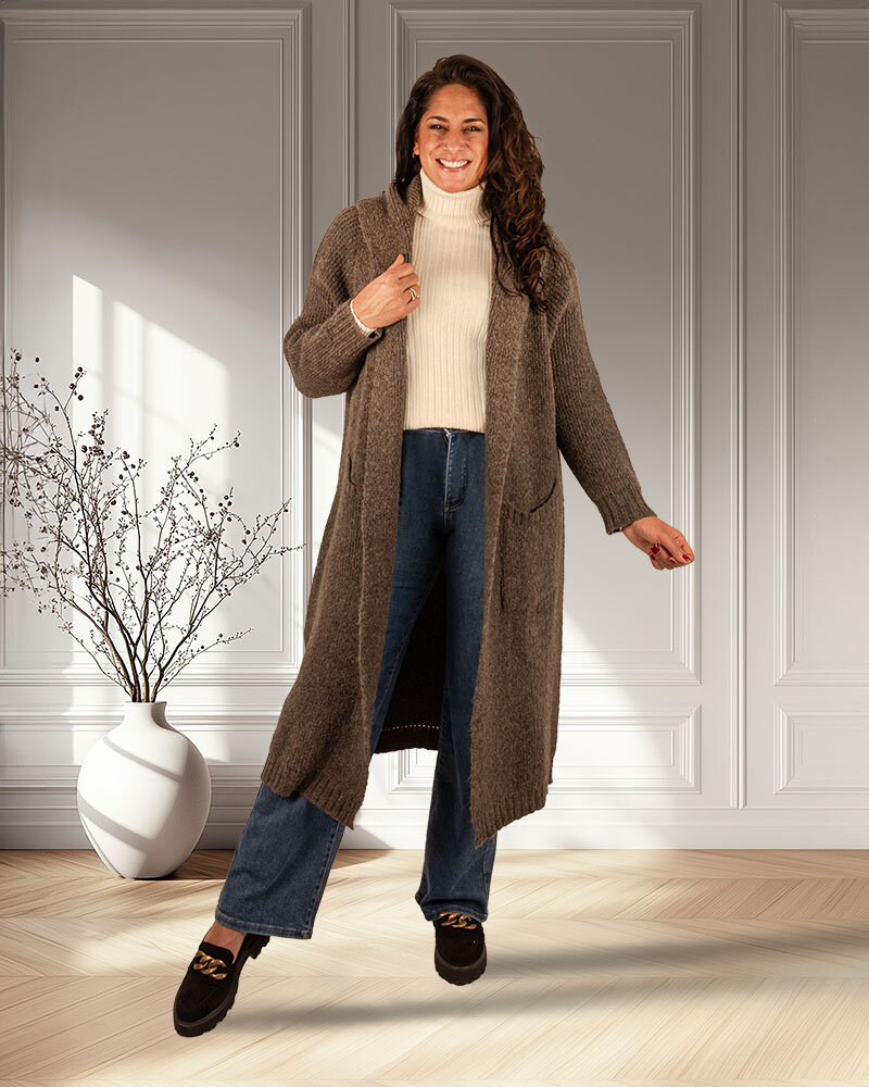 Bruingrijs lang vest met capuchon van Dins Tricot