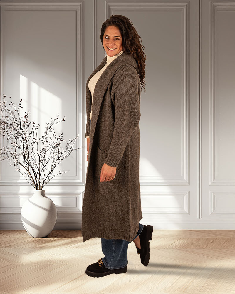 Bruingrijs lang vest met capuchon van Dins Tricot