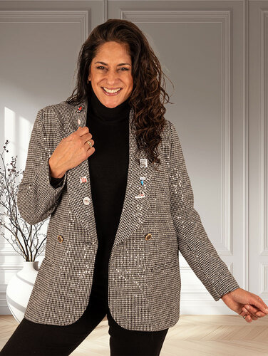 Zwart/wit geruite blazer met pailletten en buttons
