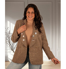 Bruin/beige geruite blazer met pailletten en buttons