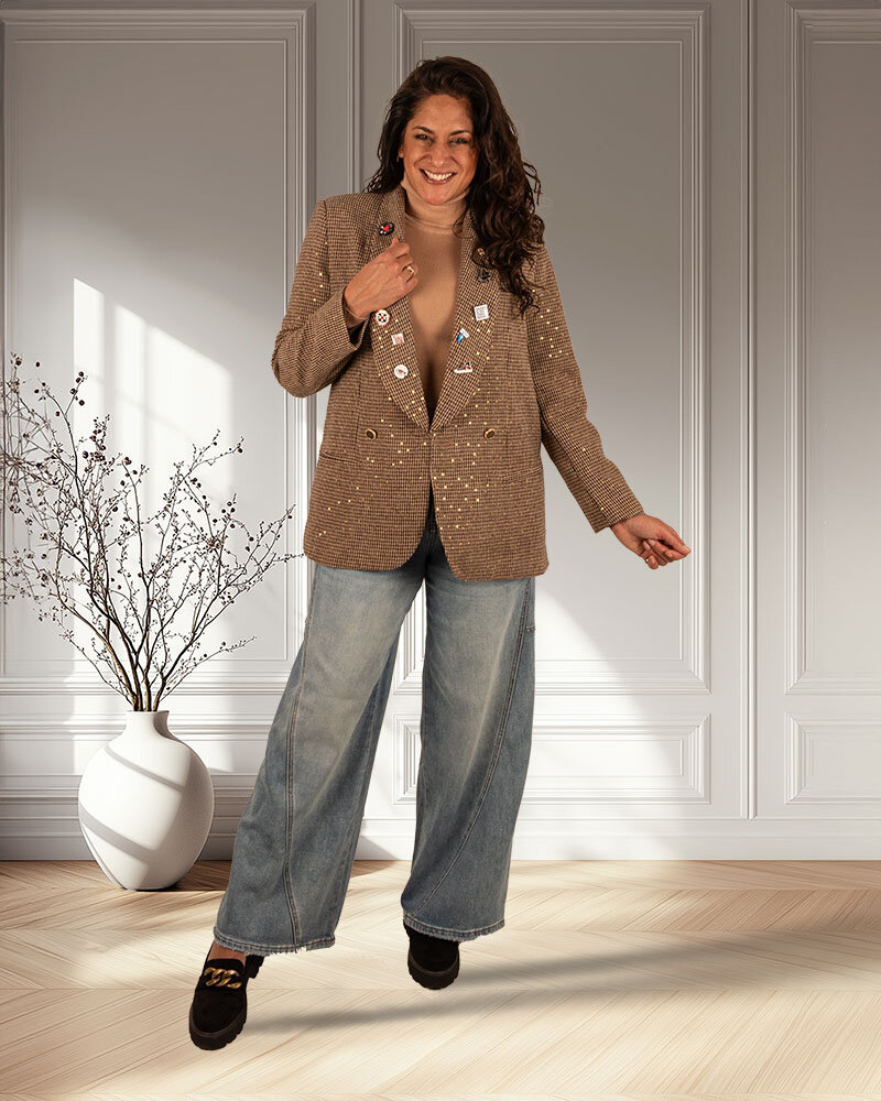 Bruin/beige geruite blazer met pailletten en buttons van Aïkha