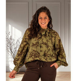 Groen/bruin blouse strikkraag