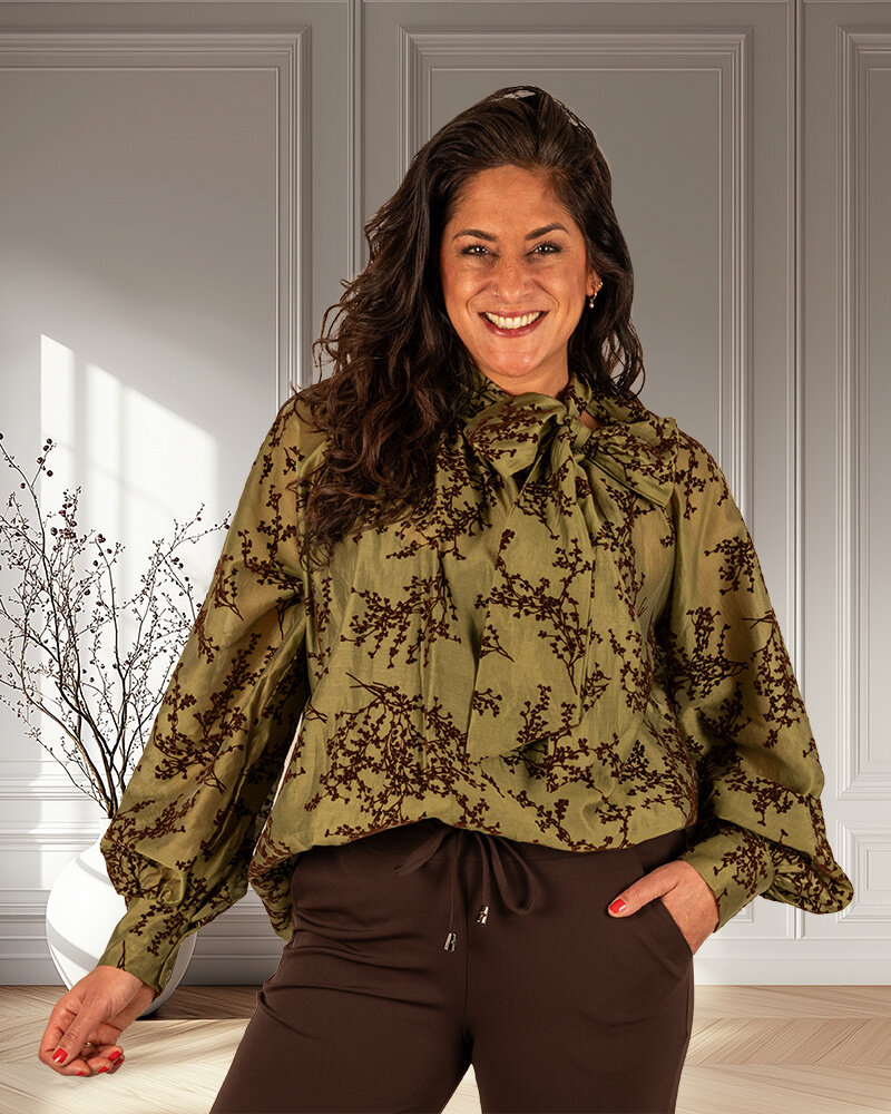 Groen/bruin blouse strikkraag van Forza
