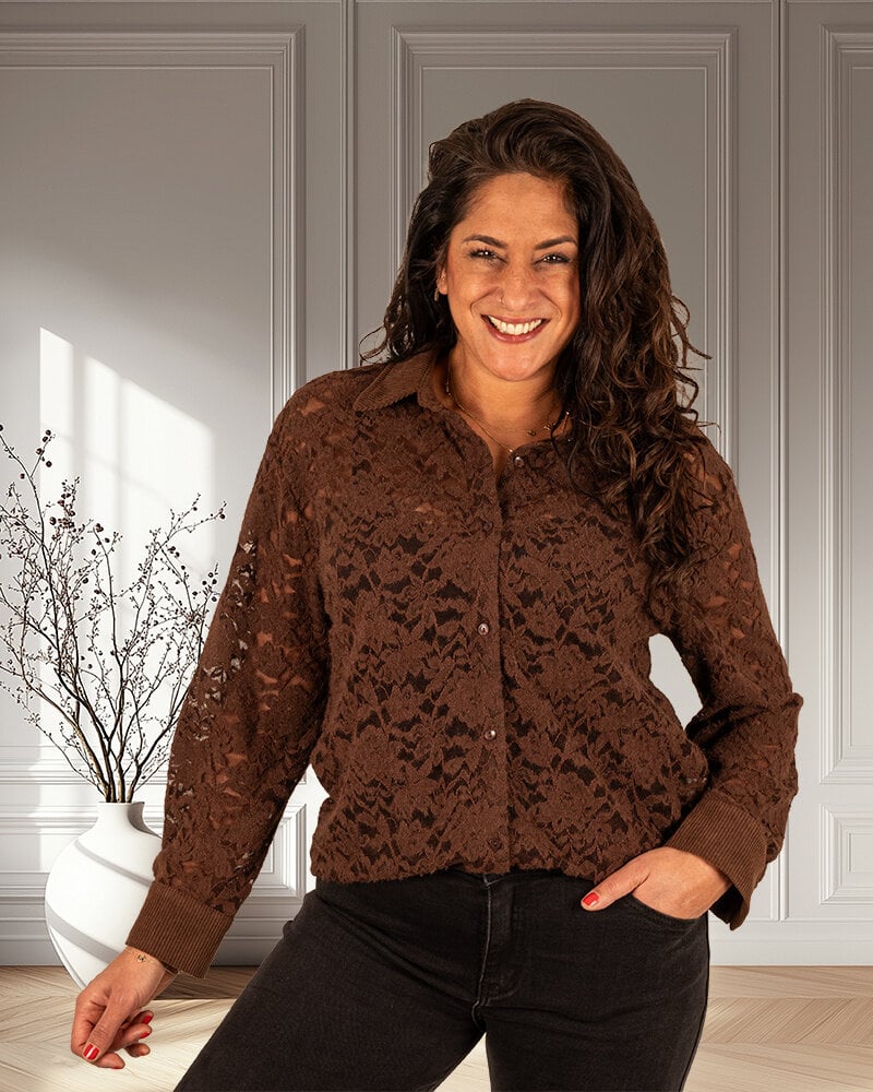 Bruine kanten blouse rib van Kilky