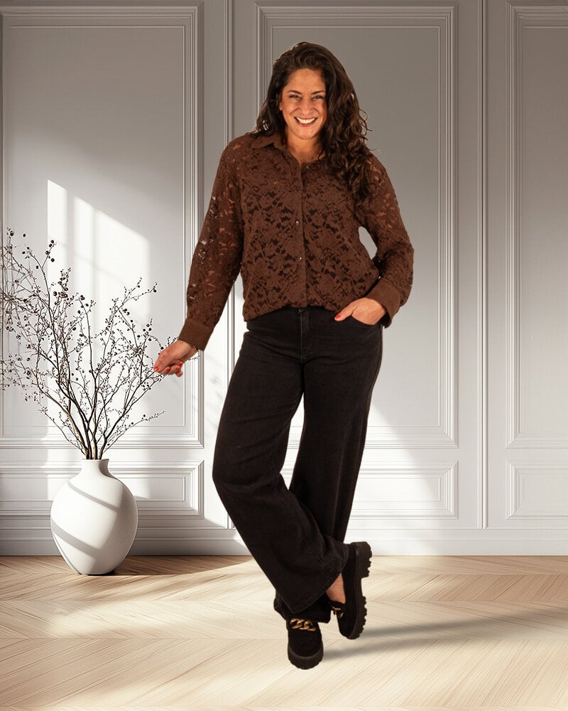 Bruine kanten blouse rib van Kilky