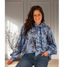 Blauw/bruin blouse strikkraag