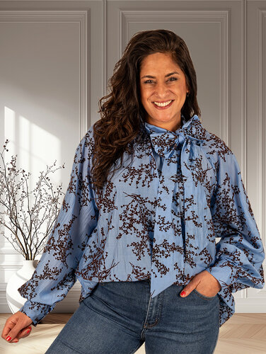Blauw/bruin blouse strikkraag