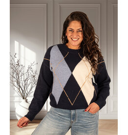 Blauw/beige ruitprint trui