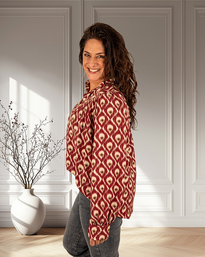 Bordeaux/beige print blouse van Vanto