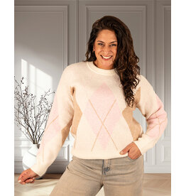 Ecru/roze/camel geruite trui
