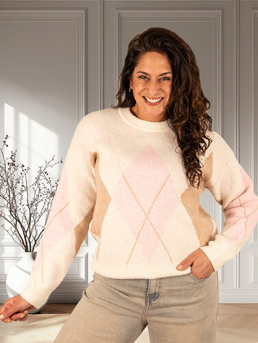 Ecru/roze/camel geruite trui