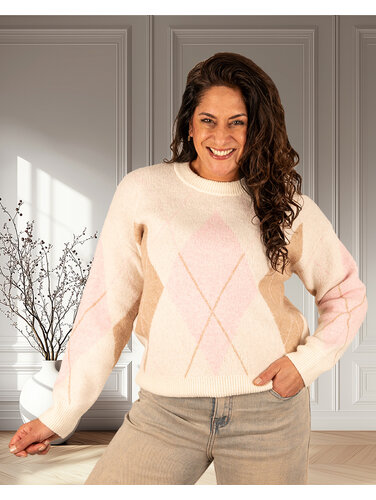 Ecru/roze/camel geruite trui