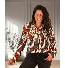 Perla Nera Ecru/groen/zwart/bruin print blouse