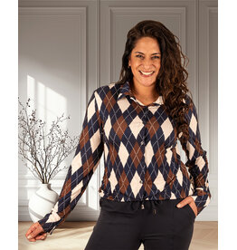 Perla Nera Ecru/donkerblauw/bruin ruitprint blouse