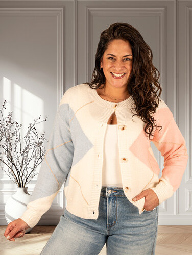 Ecru/roze/lichtblauw ruitprint vest