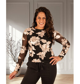 Zwarte mesh top beige bloemen