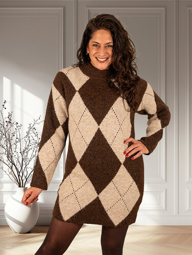 Bruin/beige ruitprint tuniek