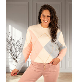 Roze/blauw/beige ruitprint trui