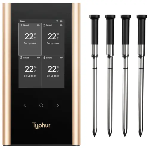 Typhur Robotics Typhur – Sync Gold Quad Draadloze Vleesthermometer met 4 Probes & Sub-1G Typhur Robotics Typhur – Sync Gold Quad Draadloze Vleesthermometer met 4 Probes & Sub-1G