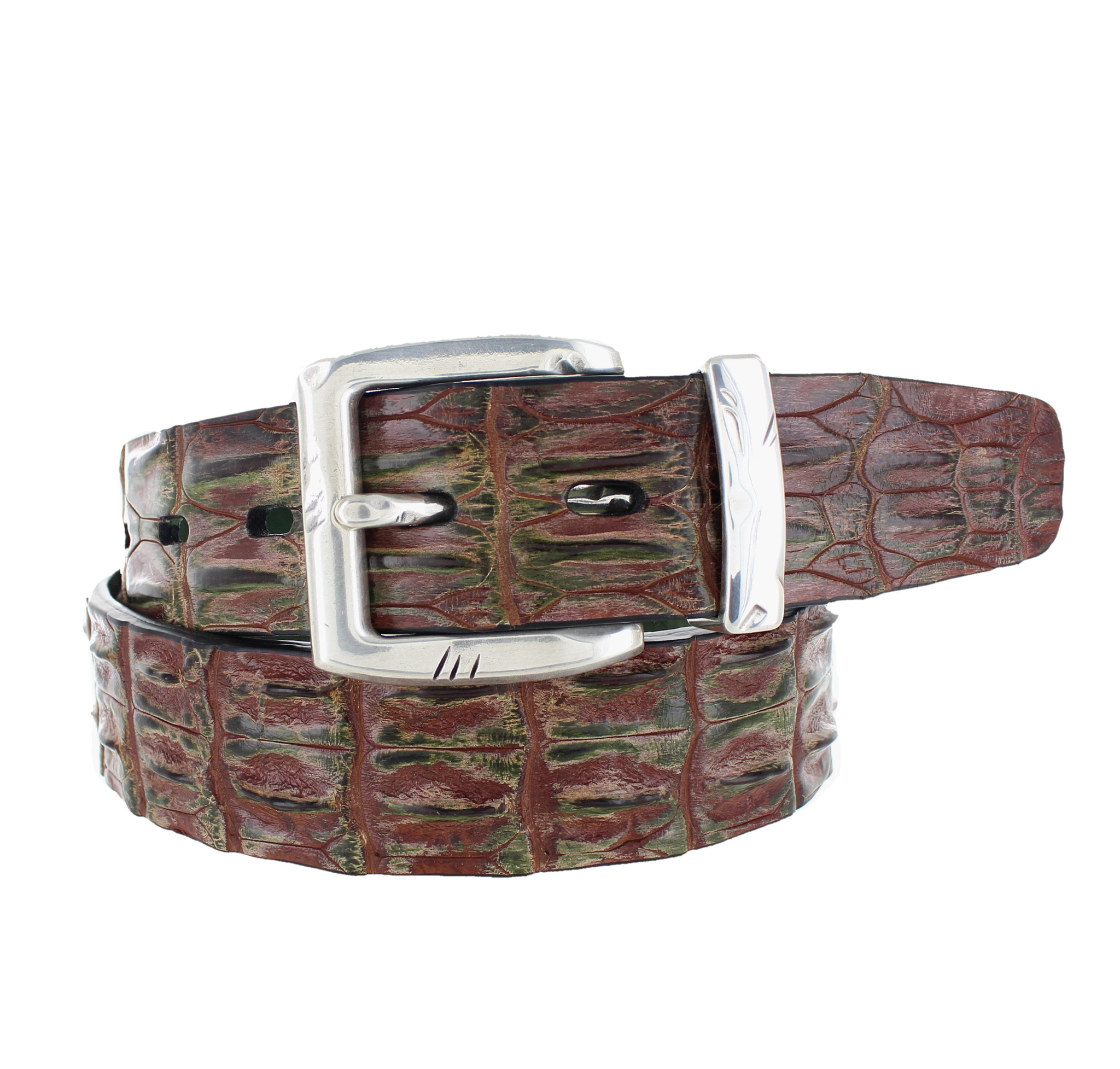 JOB86 Handpainted krokodillen riem | Cognac-Groen