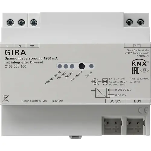 Gira 213800 voeding 1280 mA met geintegreerde smoorspoel voor Gira One en KNX systeem