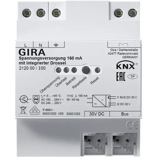 Gira 212000 voeding 160 mA met geintegreerde smoorspoel voor KNX systeem