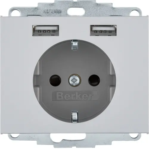 Berker 48037003 wandcontactdoos randaarde 2x USB K5 alumunium