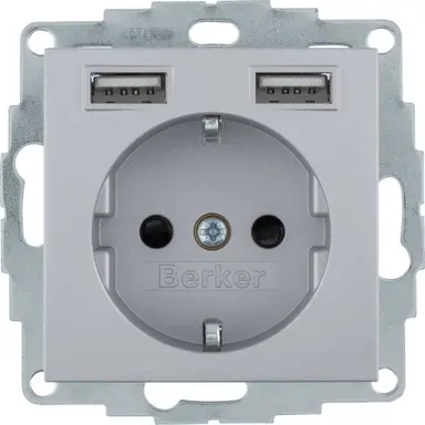 Berker 48031404 wandcontactdoos randaarde 2 x USB type A S1/B3/B7 aluminium mat OP=OP