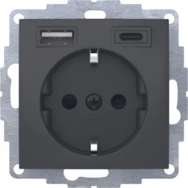 Berker 48041606 wandcontactdoos randaarde kindveilig USB-A en USB-C S1/B3/B7 antraciet mat
