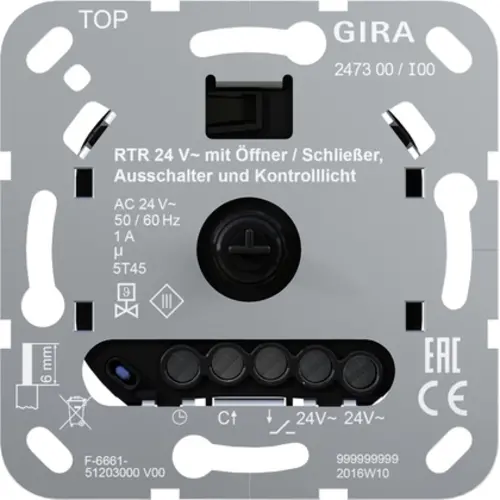 Gira 247300 basiselement ruimtetemperatuurregelaar 24V met verbreek-/maakcontact uitschakelaar en controlelamp