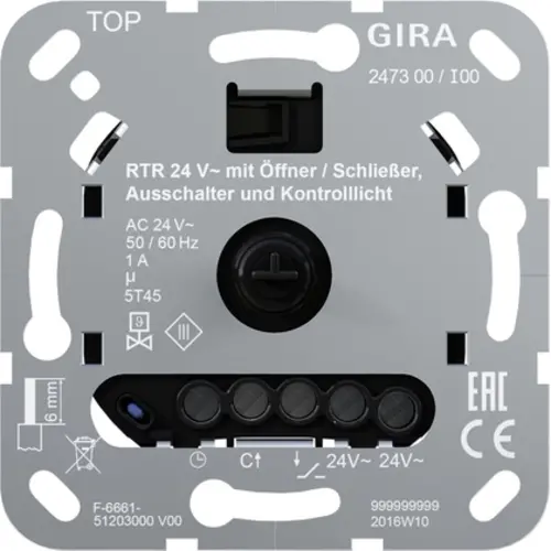 Gira 247300 basiselement ruimtetemperatuurregelaar 24 V met verbreek-/maakcontact uitschakelaar en controlelamp